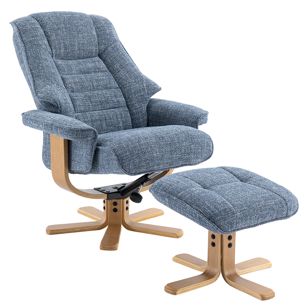 Seneca Fabric Recliner Chair With Stool In Ocean And Oak