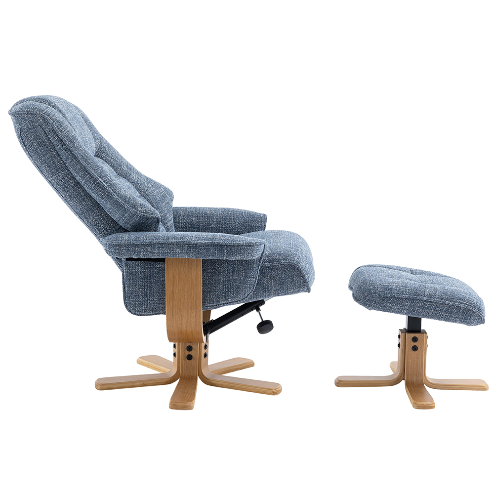 Seneca Fabric Recliner Chair With Stool In Ocean And Oak