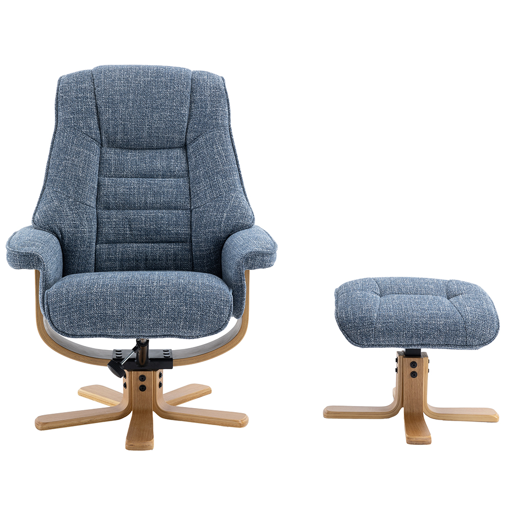 Seneca Fabric Recliner Chair With Stool In Ocean And Oak