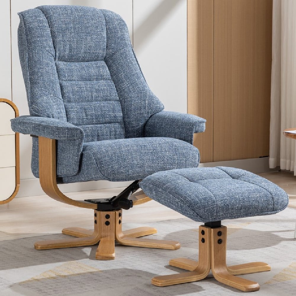 Seneca Fabric Recliner Chair With Stool In Ocean And Oak