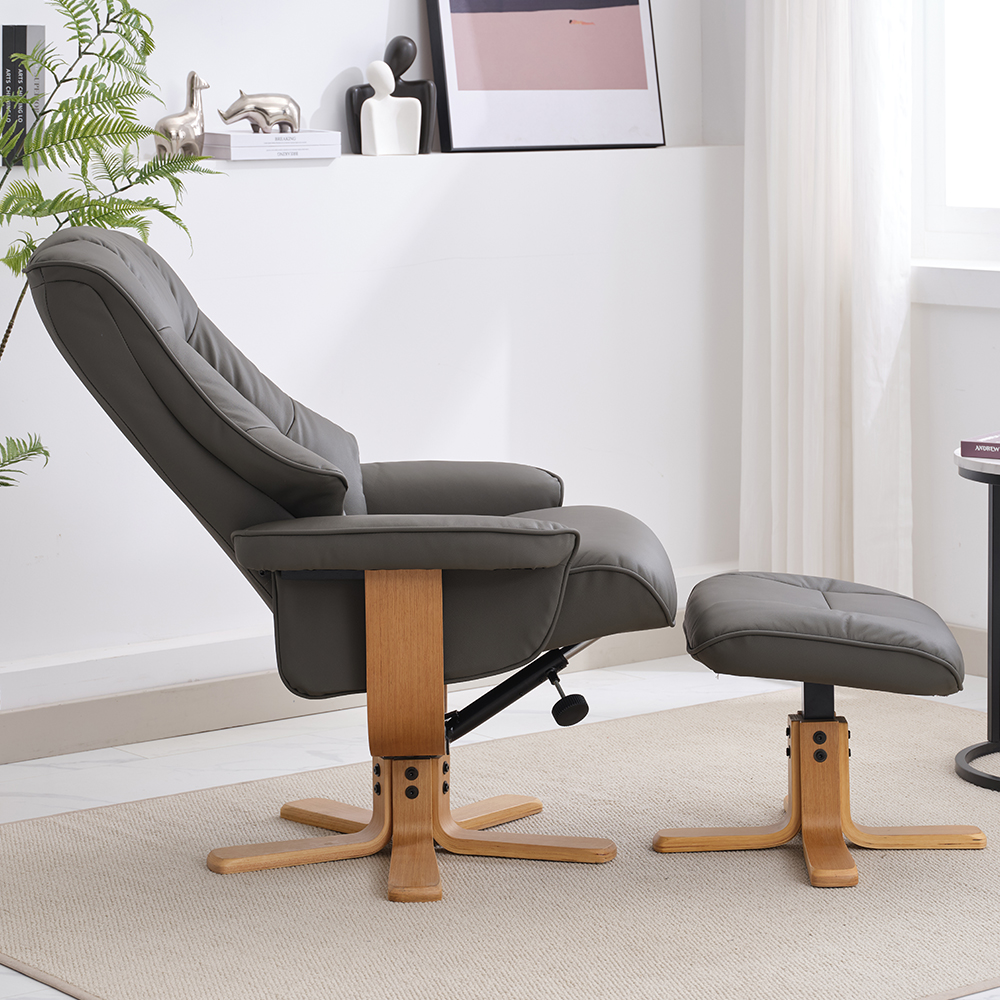 Seneca Leather Recliner Chair With Stool In Chinder And Oak