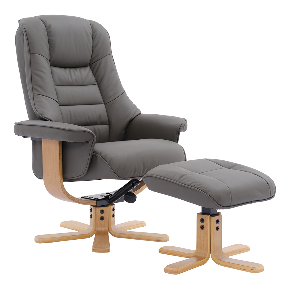 Seneca Leather Recliner Chair With Stool In Chinder And Oak