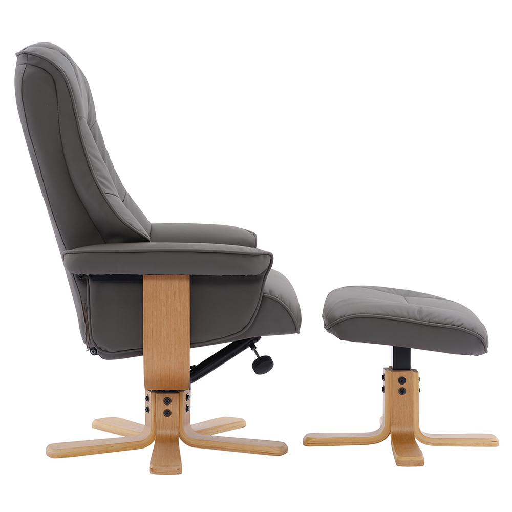 Seneca Leather Recliner Chair With Stool In Chinder And Oak