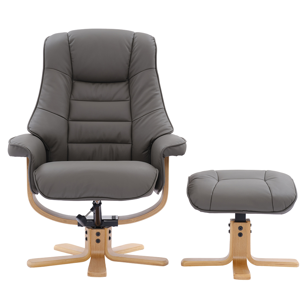 Seneca Leather Recliner Chair With Stool In Chinder And Oak