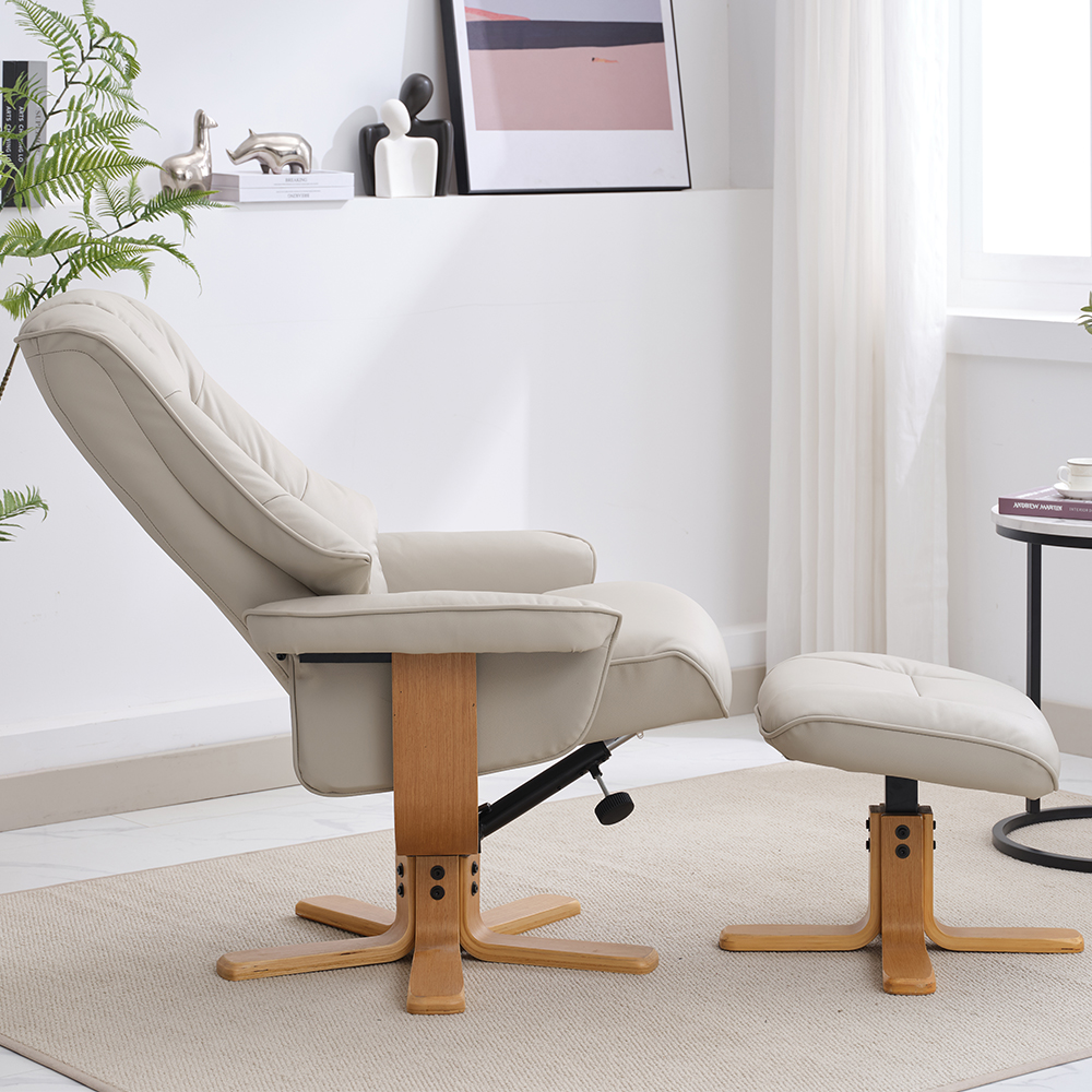 Seneca Leather Recliner Chair With Stool In Mushroom And Oak