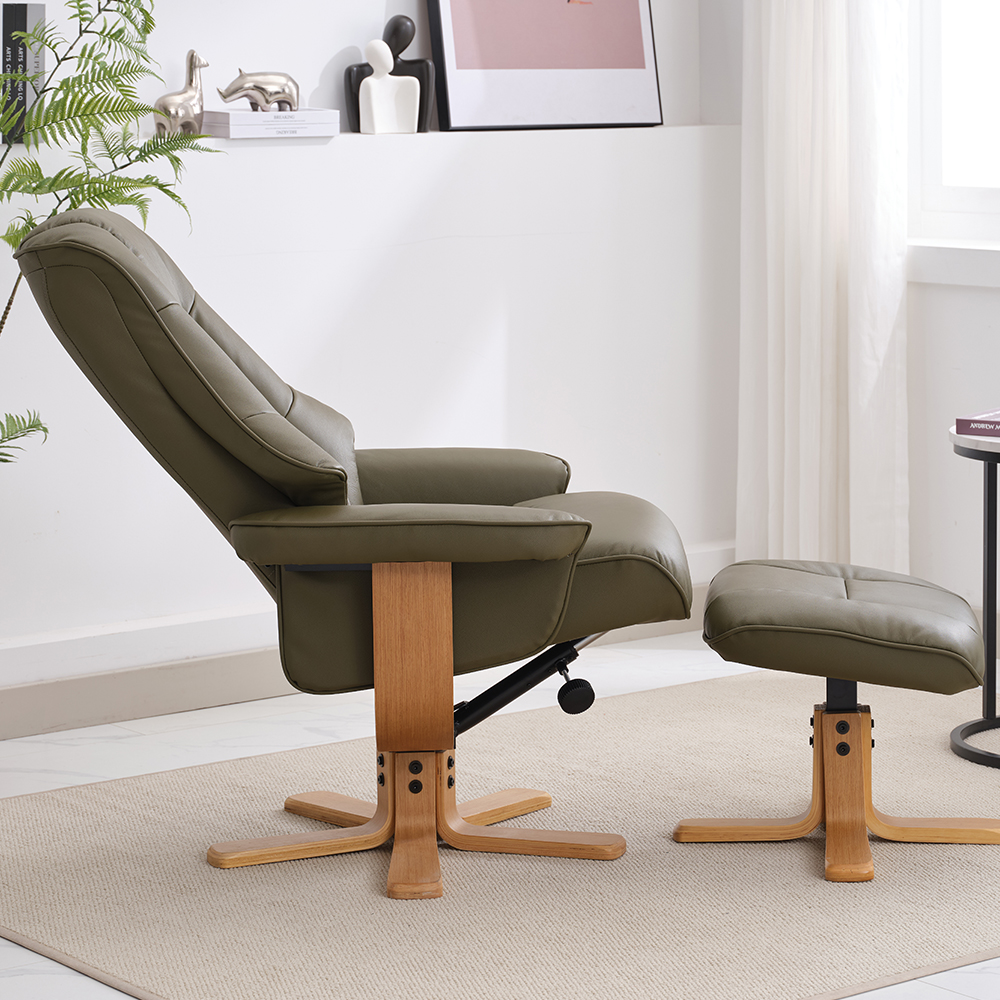 Seneca Leather Recliner Chair With Stool In Olive Green And Oak