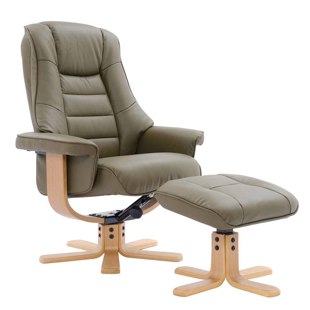Seneca Leather Recliner Chair With Stool In Olive Green And Oak