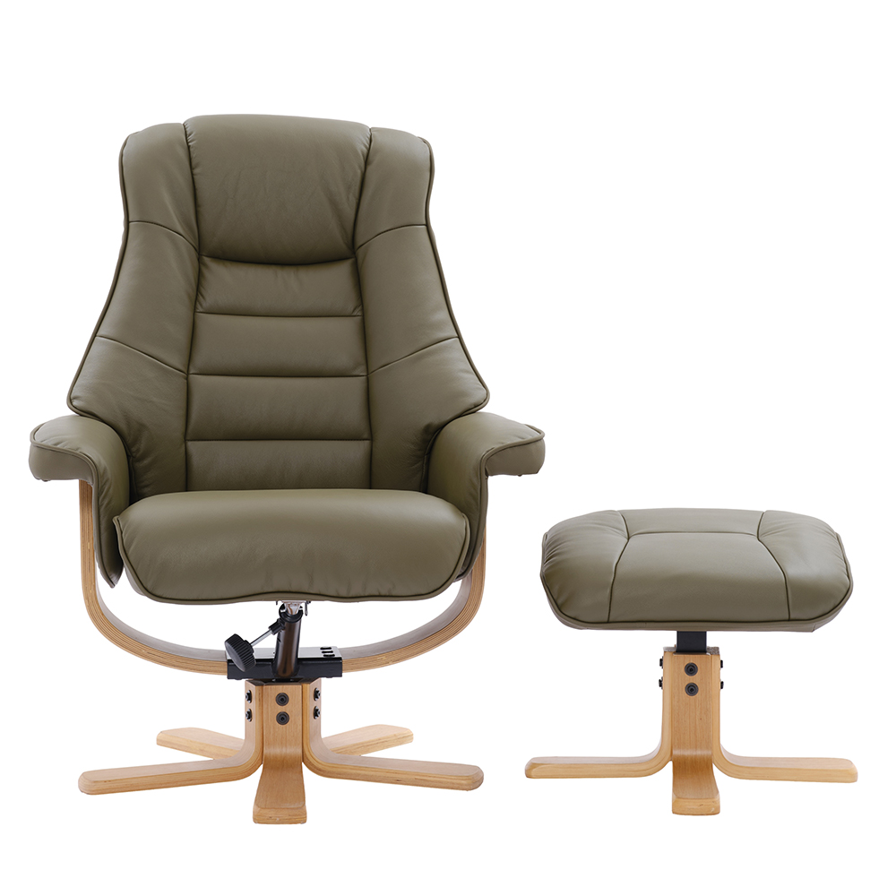 Seneca Leather Recliner Chair With Stool In Olive Green And Oak