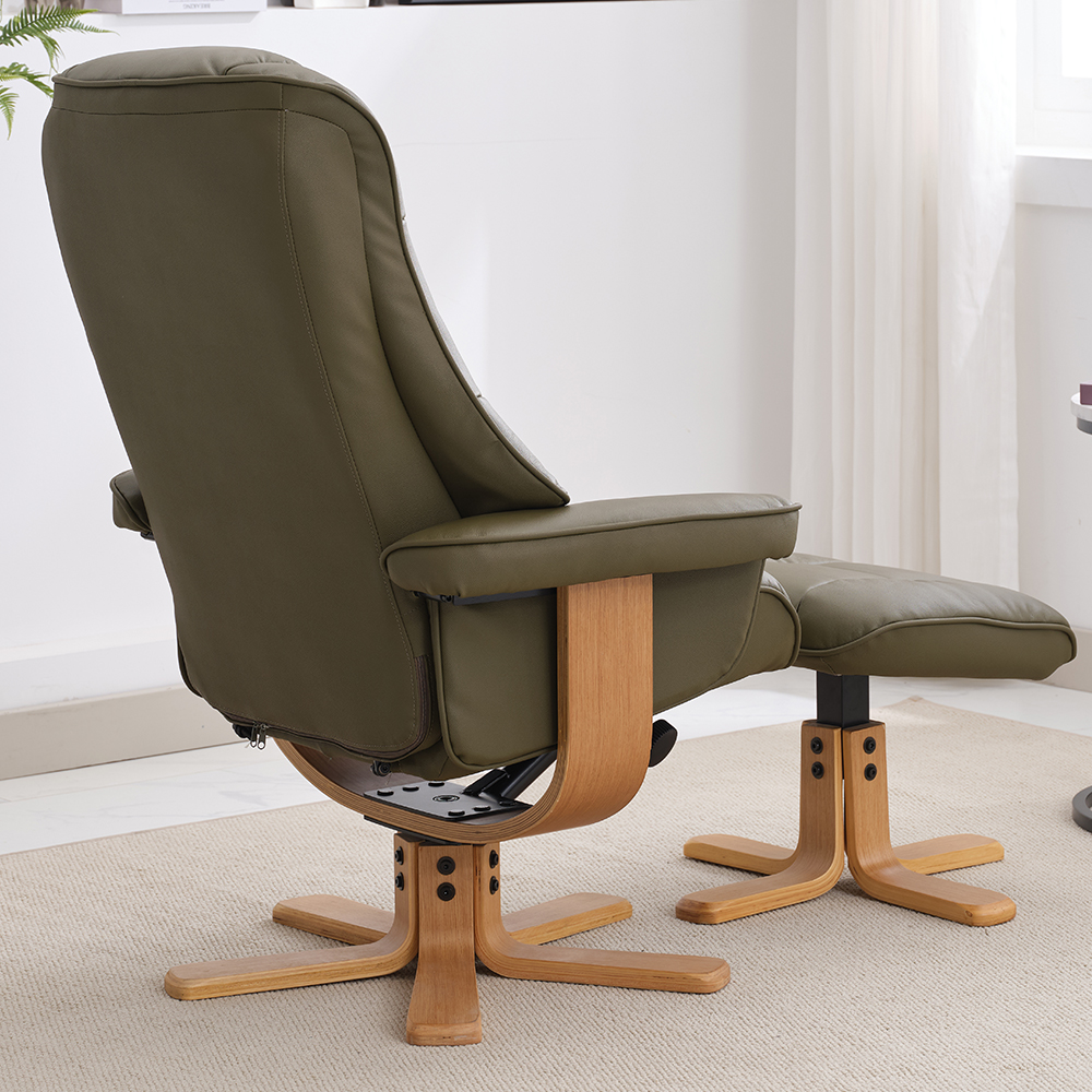 Seneca Leather Recliner Chair With Stool In Olive Green And Oak