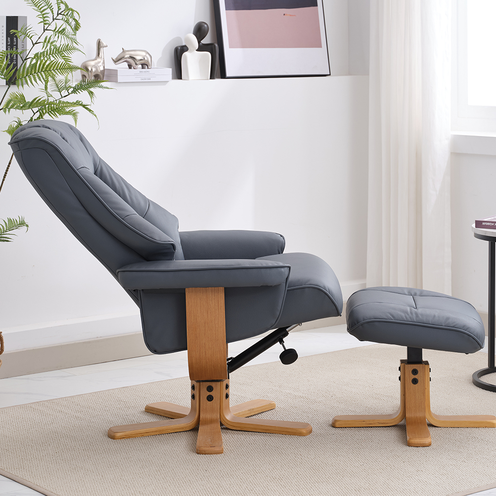 Seneca Leather Recliner Chair With Stool In Petrol Blue And Oak