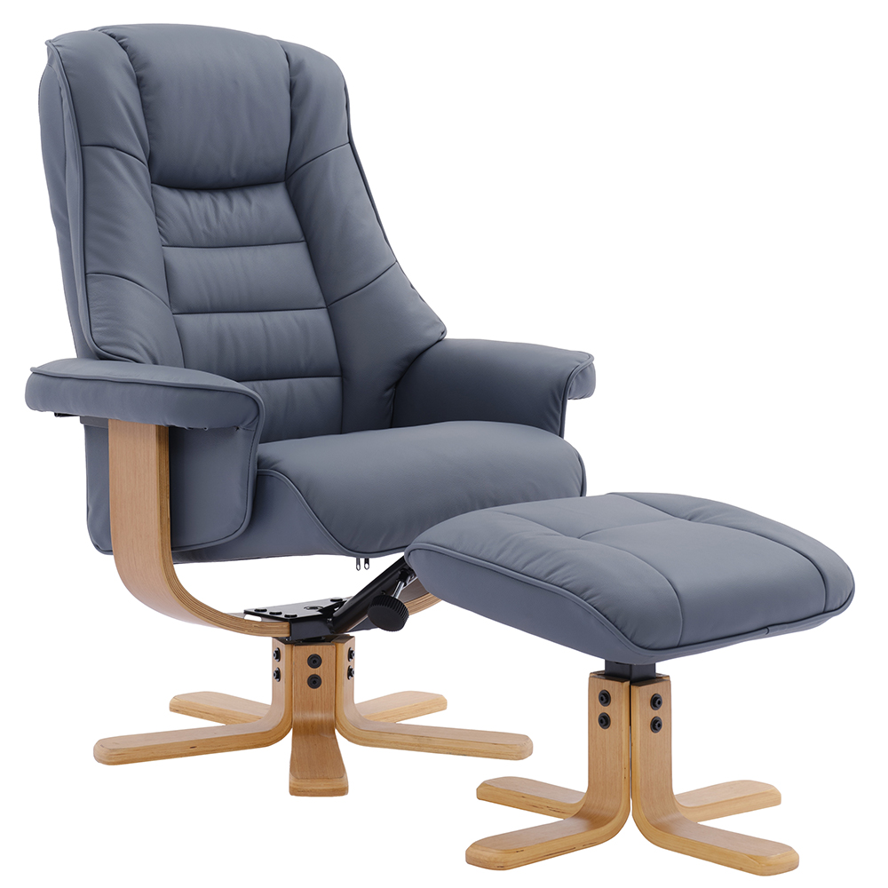 Seneca Leather Recliner Chair With Stool In Petrol Blue And Oak