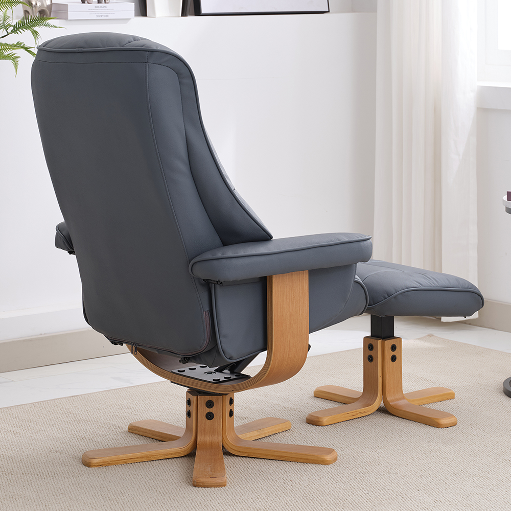 Seneca Leather Recliner Chair With Stool In Petrol Blue And Oak