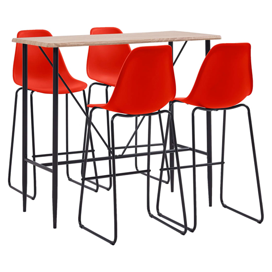 Senna Natural Wooden Bar Table With 4 Red Plastic Chairs_1