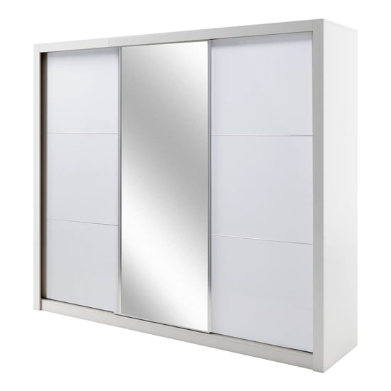 Senoia Mirrored High Gloss Wardrobe 3 Doors Wide White With LED