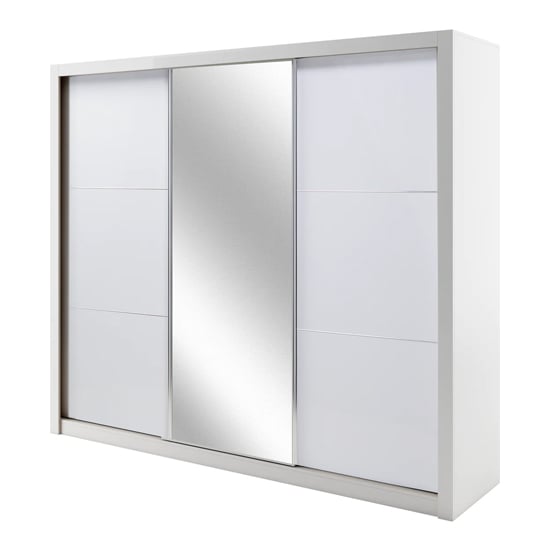 Senoia Mirrored High Gloss Wardrobe 3 Doors In White With LED