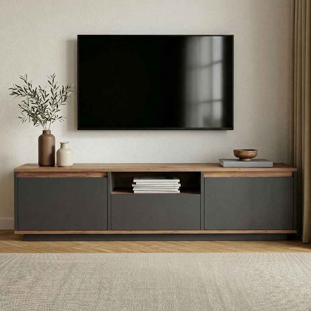 Sentinel Wooden TV Stand with 3 Doors in Anthracite and Atlantic Pine