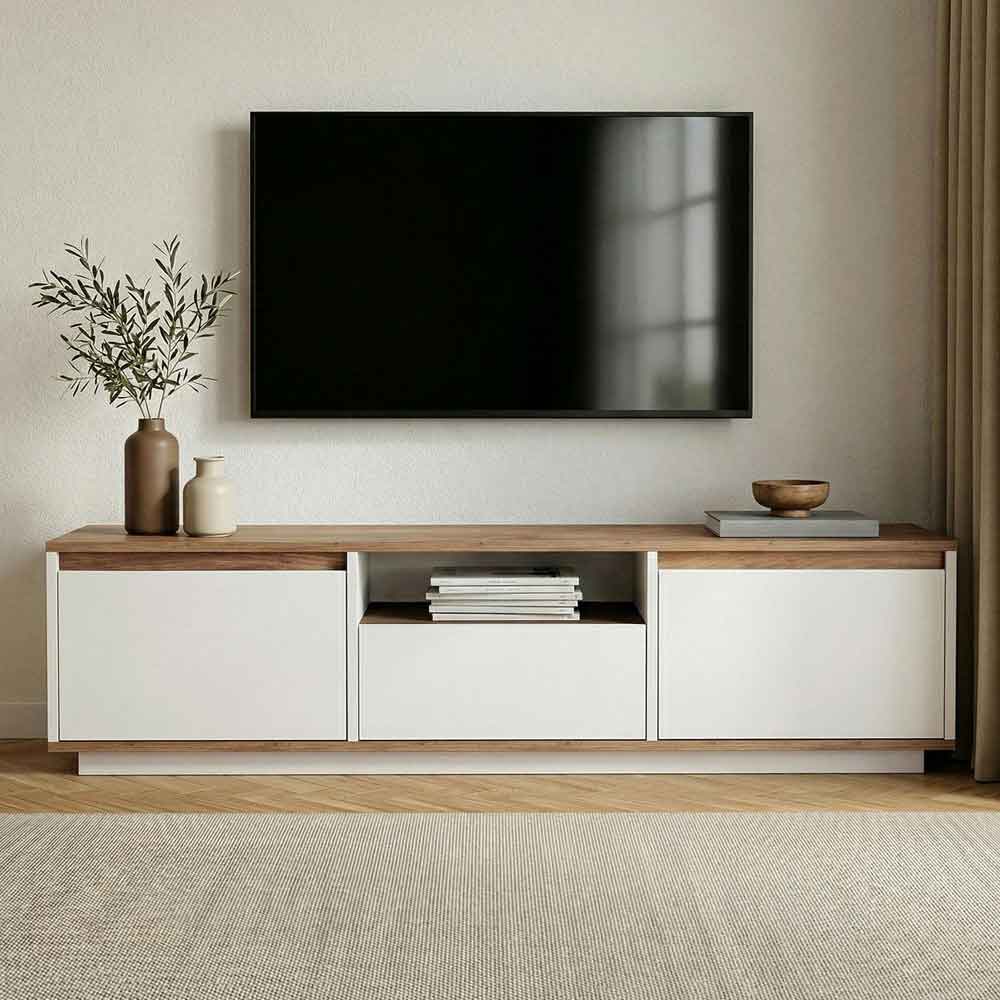 Sentinel Wooden TV Stand with 3 Doors in White and Atlantic Pine