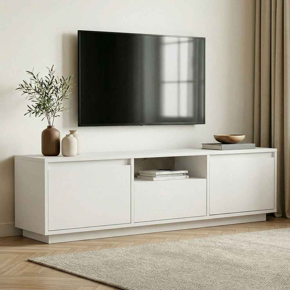 Sentinel Wooden TV Stand with 3 Doors in Natural White