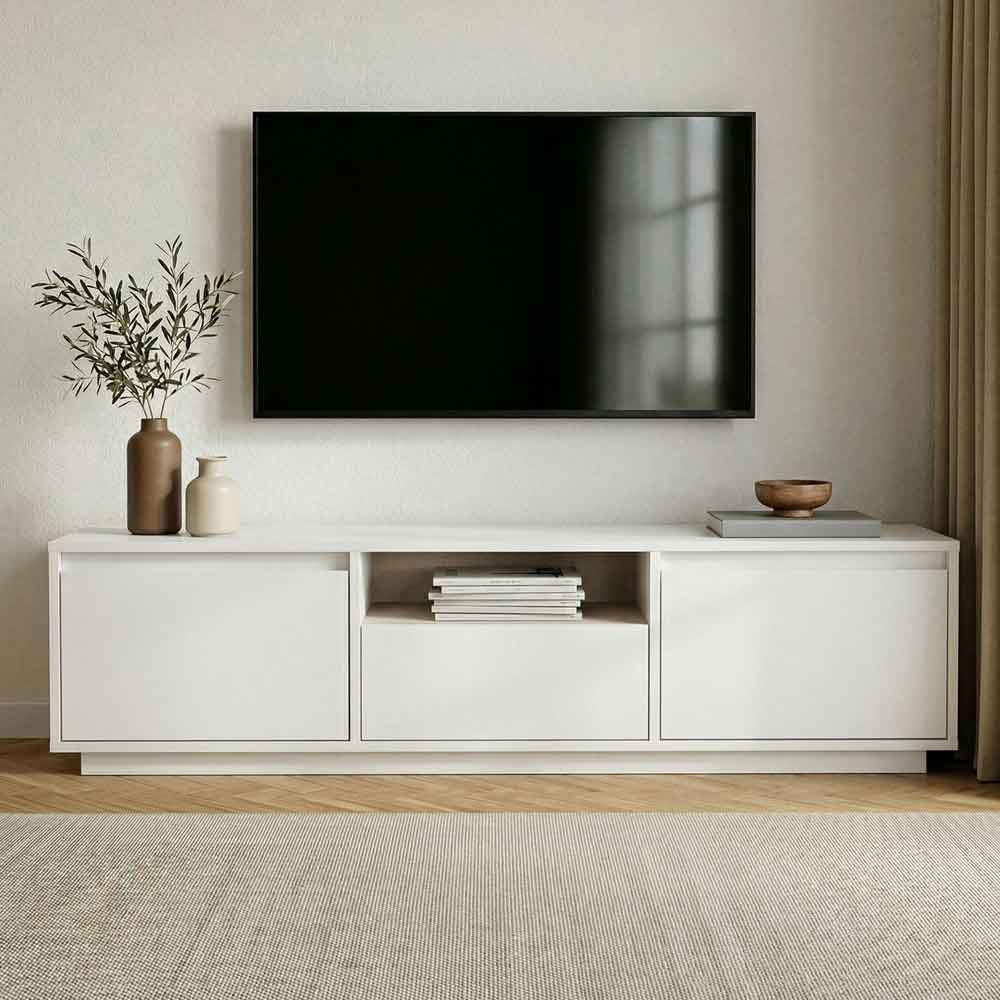 Sentinel Wooden TV Stand with 3 Doors in Natural White