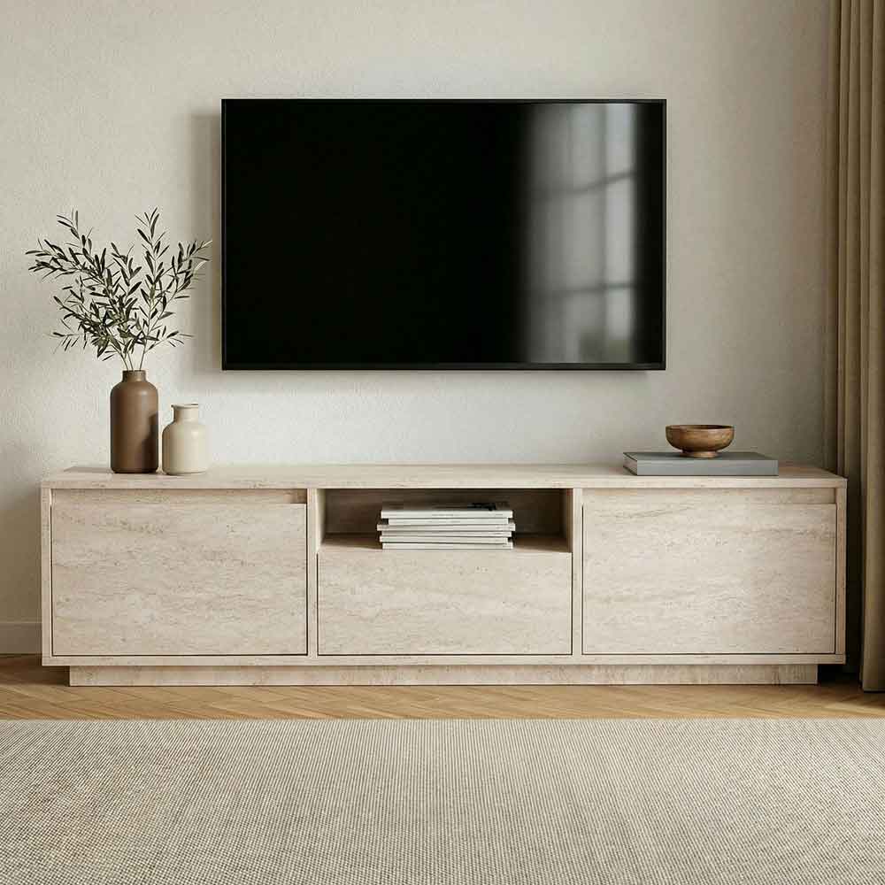 Sentinel Wooden TV Stand with 3 Doors in Travertine Marble Effect