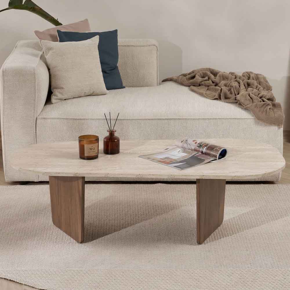 Sento Oval Wooden Coffee Table in Travertine Marble Effect and Walnut