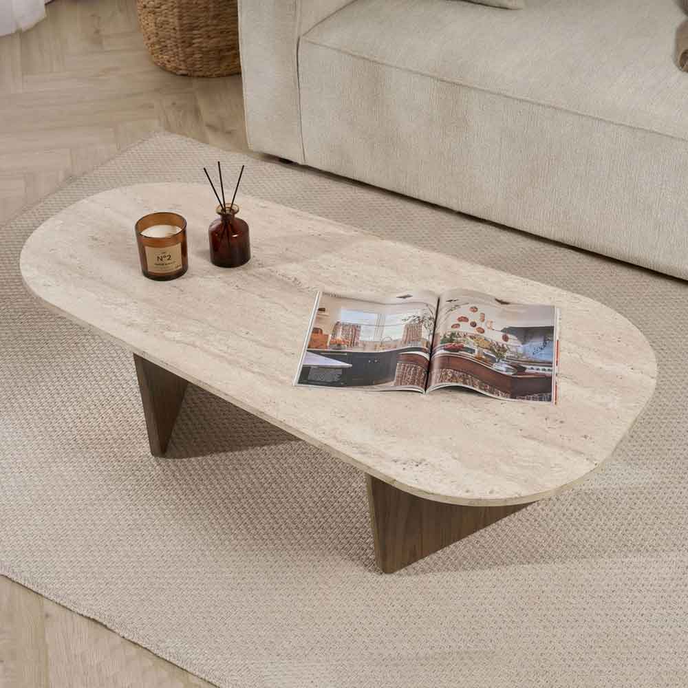 Sento Oval Wooden Coffee Table in Travertine Marble Effect and Walnut