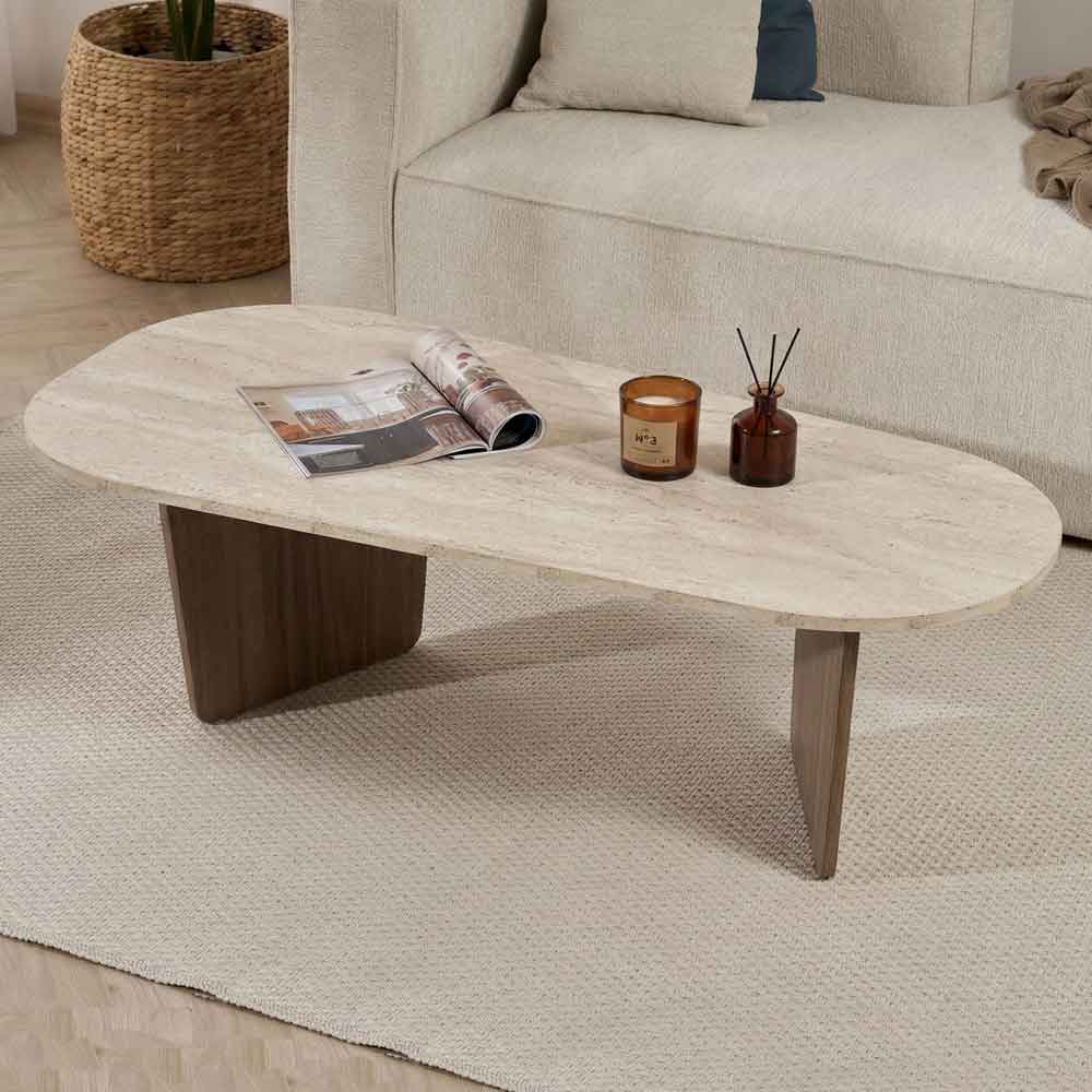 Sento Oval Wooden Coffee Table in Travertine Marble Effect and Walnut