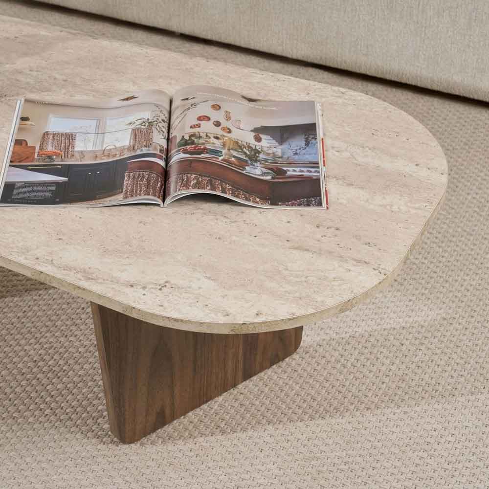Sento Oval Wooden Coffee Table in Travertine Marble Effect and Walnut
