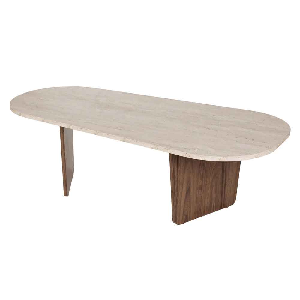 Sento Oval Wooden Coffee Table in Travertine Marble Effect and Walnut