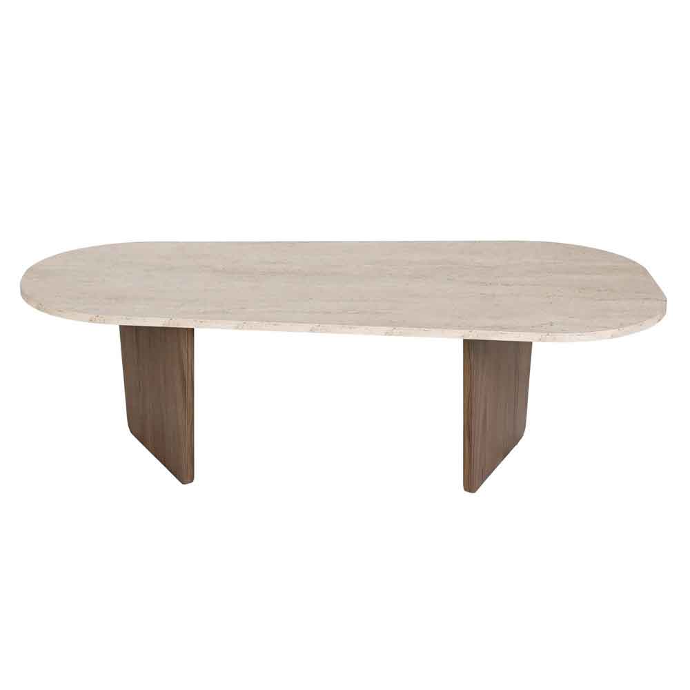 Sento Oval Wooden Coffee Table in Travertine Marble Effect and Walnut