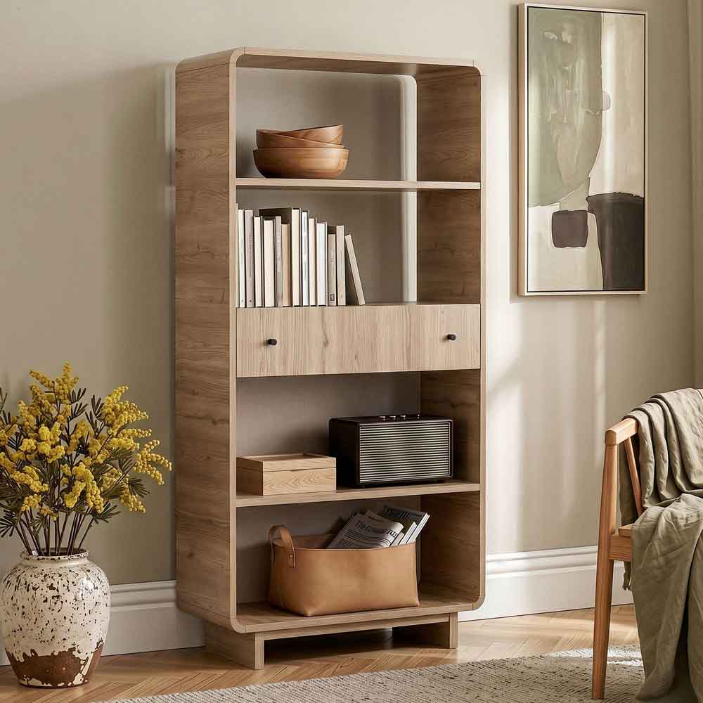 Senza Wooden Display Cabinet with 1 Drawer in Sepet Oak