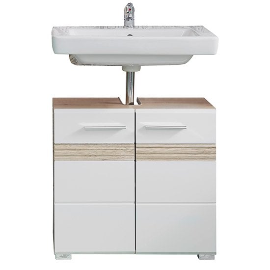Seon Bathroom Sink Vanity Unit In Gloss White And Light Oak