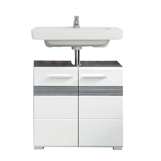 Seon Bathroom Sink Vanity Unit In Gloss White And Smoky Silver_3