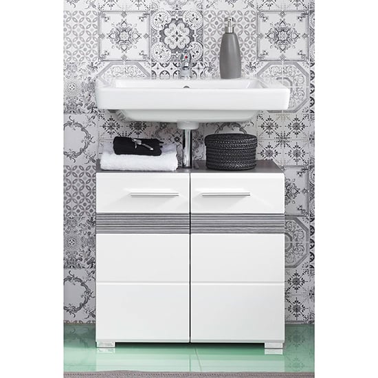 Seon Bathroom Sink Vanity Unit In Gloss White And Smoky Silver