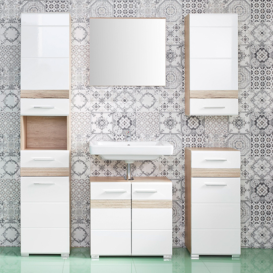 Seon Floor Bathroom Storage Cabinet In Gloss White Light Oak_3