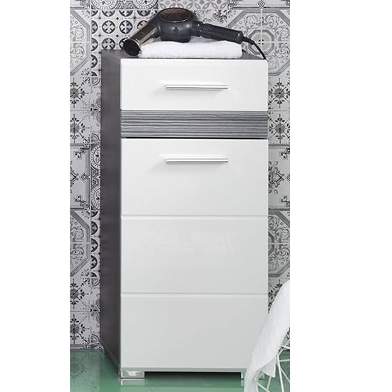 Photo of Seon floor bathroom storage cabinet in gloss white smoky silver