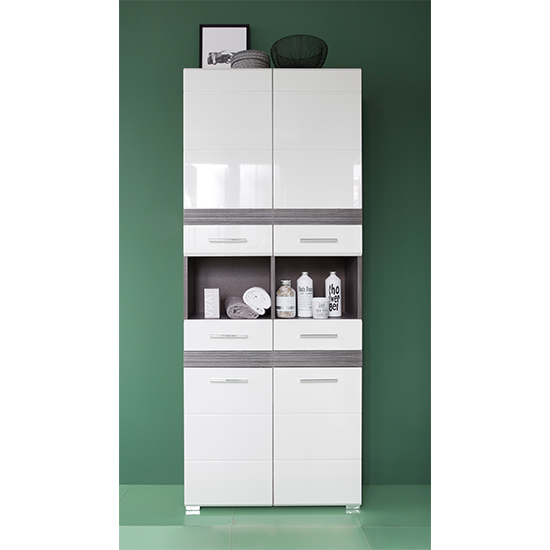 Photo of Seon large bathroom storage cabinet in gloss white smoky silver