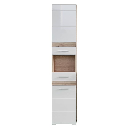 Seon Tall Bathroom Storage Cabinet In Gloss White Light Oak_2