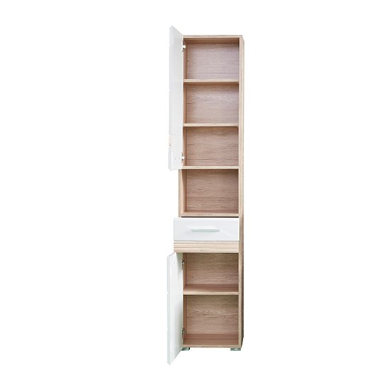 Seon Tall Bathroom Storage Cabinet In Gloss White Light Oak_3