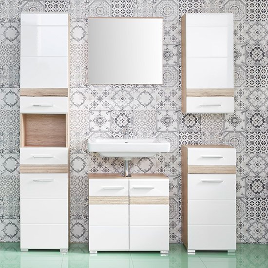 Seon Tall Bathroom Storage Cabinet In Gloss White Light Oak_4