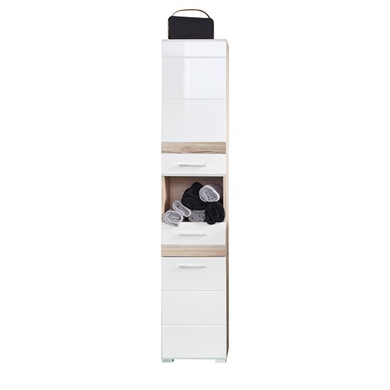 Seon Tall Bathroom Storage Cabinet In Gloss White Light Oak_1