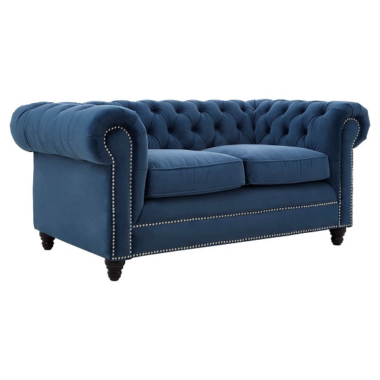 Serafina 2 Seater Sofa In Midnight Blue Velvet With Wooden Legs