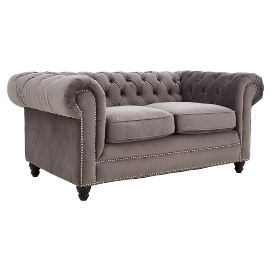 Serafina 2 Seater Sofa In Grey Velvet With Wooden Legs