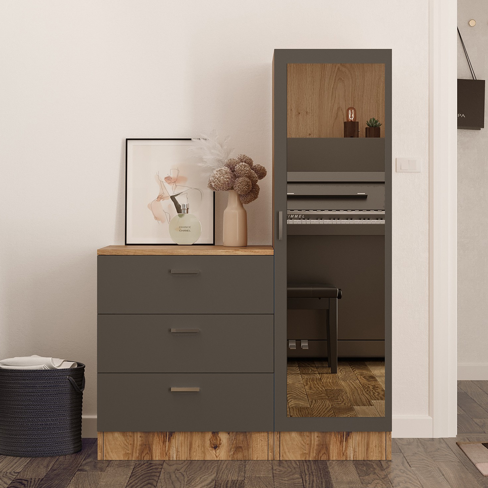 Serano Wooden Hallway With 1 Glass Door 3 Drawers In Atlantic Pine And Anthracite