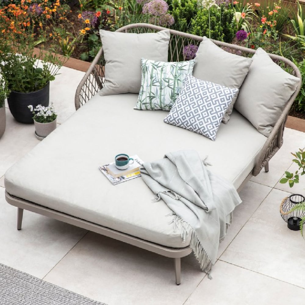Seras Fabric Garden Daybed With Cushion In Grey Oak