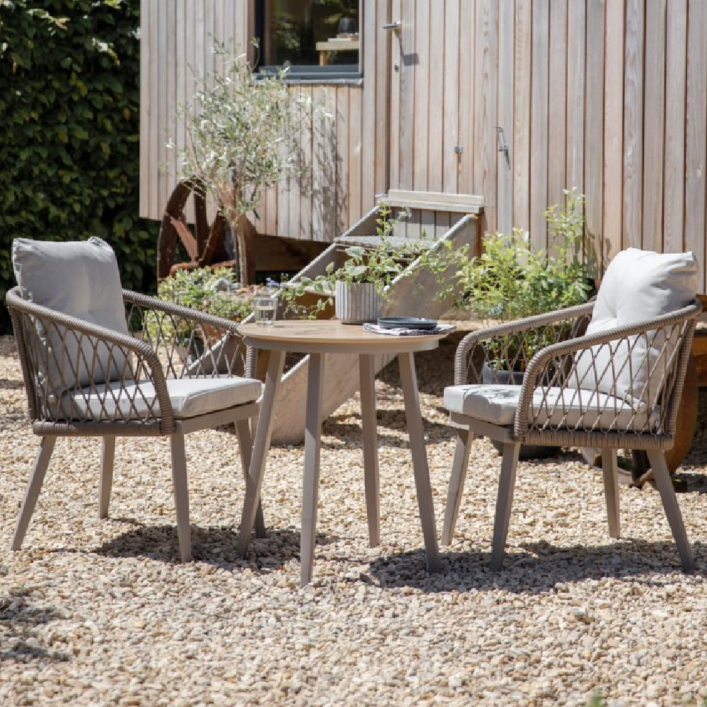 Seras Rattan Garden Round Bistro Set In Grey Oak