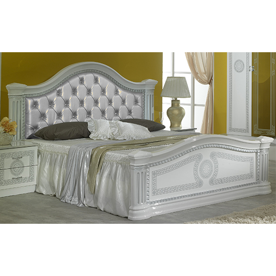 Serena Gloss King Size Bed PU Headboard In White And Silver
