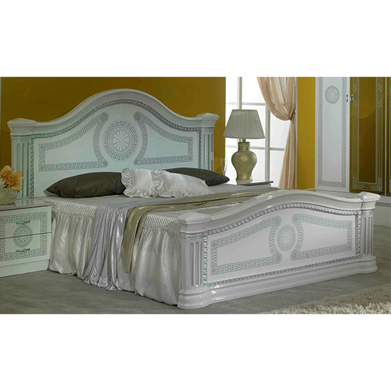 Serena High Gloss King Size Bed In White And Silver_1