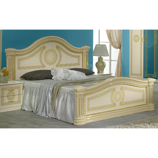 Serena High Gloss Super King Size Bed In Beige And Gold