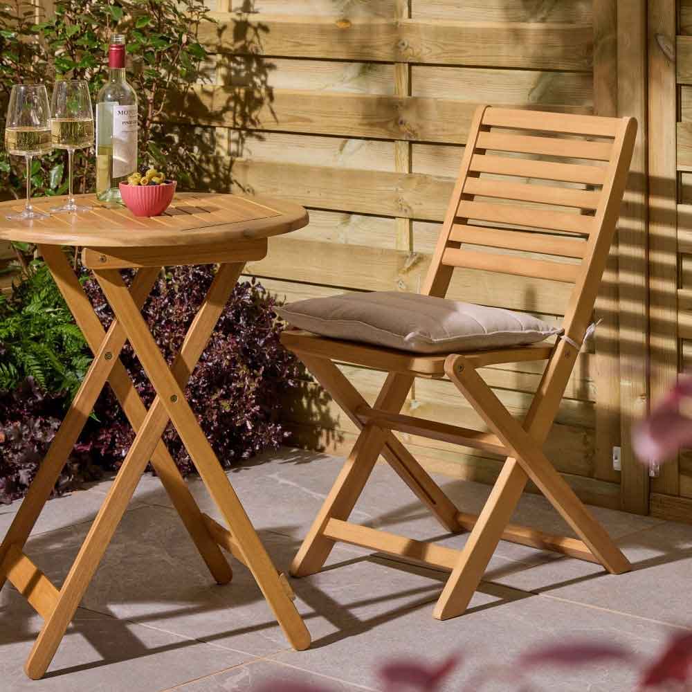 Serenity Wooden Bistro Table With 2 Chairs and Cushions in Natural